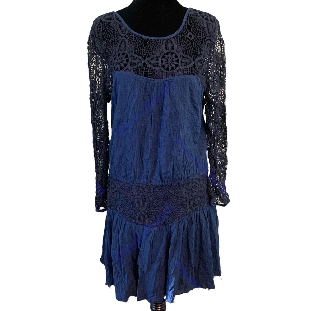 Free People Navy Blue Crochet Long Sleeve Dress